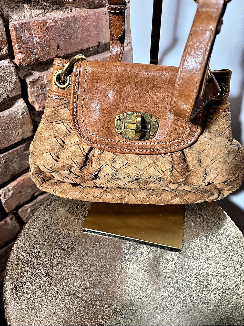 Miu Miu Woven Leather Shoulder Bag in Brown & Tan